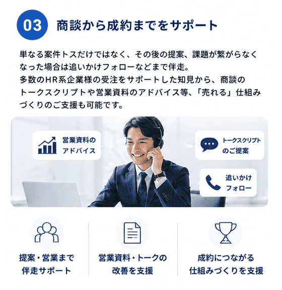 ■ 03：商談から成約までをサポート 単なる案件トスだけではなく、その後の提案、課題が繋がらなくなった場合は追いかけフォローなどまで伴走。多数のHR系企業様の受注をサポートした知見から、商談のトークスクリプトや営業資料のアドバイス等、「売れる」仕組みづくりのご支援も可能です。（営業資料のアドバイス、トークスクリプトのご提案、追いかけフォロー）・提案・営業まで伴走サポート・営業資料・トークの改善を支援・成約につながる仕組みづくりを支援